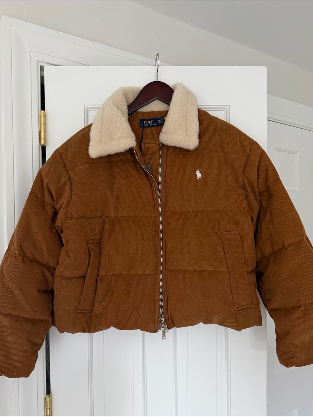 Polo by Ralph Lauren Brown Corduroy Puffer Jacket with Cream Sherpa Collar
